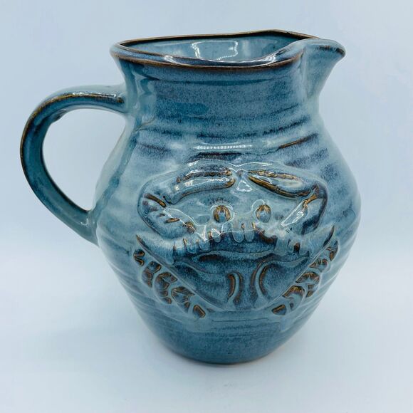 Large Glazed Hand Crafted Ribbed Pottery Pitcher w/ CRAB Blue Green - Picture 1 of 10